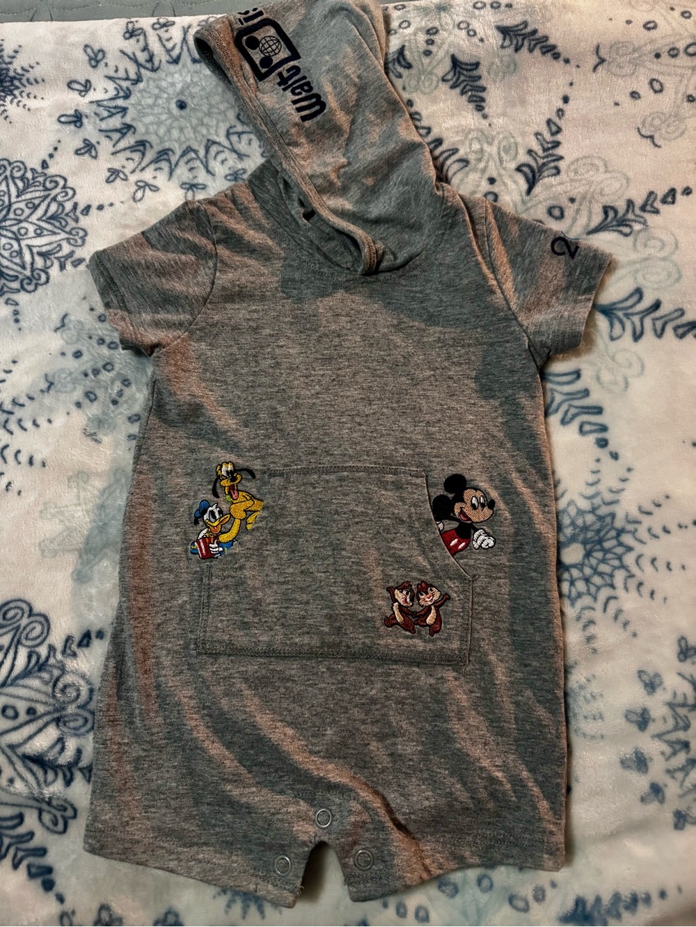 Disney Gray Hooded Romper with Mickey, Donald, Pluto & Chip 'n' Dale Sz 12 M